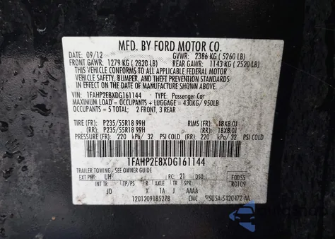 2013 Ford Taurus Sel из США, поврежденный, VIN 1FAHP2E8XDG161144